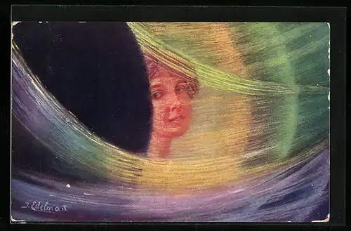 Künstler-AK sign. J. Edelman: Portrait einer jungen Frau mit bunten Farben