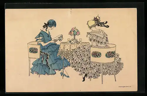 Künstler-AK Mela Köhler: Zwei Damen in feschen Kleidern beim Tee