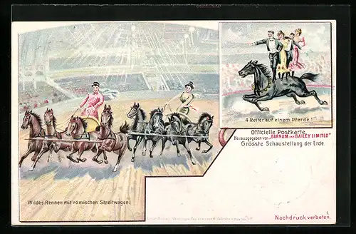 Lithographie Zirkus Barnum and Bailey Limited, Zirkusauftritt mit römischen Streitwagen und vier Reitern auf einem Pferd