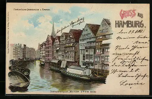 Lithographie Hamburg, Fleet zwischen Deichstrasse und Cremon, Halt gegen das Licht