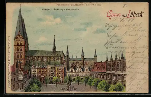 Lithographie Lübeck, Marktplatz, Rathaus und Marienkirche, Halt gegen das Licht