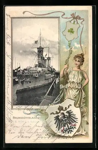 Lithographie Brunsbüttelkoog, Kriegsschiff SMS Wörth in der Schleuse, Ostasiengeschwader, Wappen