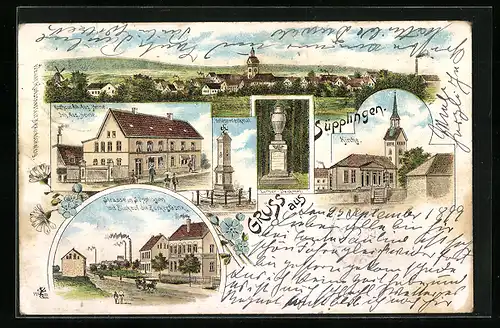 Lithographie Süpplingen, Gesamtansicht, Kaufhaus Alb. Aug. Heine, Kriegerdenkmal, Kirche