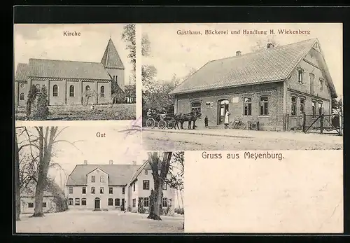 AK Meyenburg, Kirche, Gasthaus Bäckerei und Handlung H. Wiekenberg, Gut