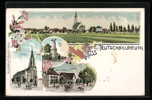 Lithographie Teutschneureuth, Krieger-Denkmal, Kirche, Altes Schulhaus mit Rathaus, Pfarrhaus & Linde