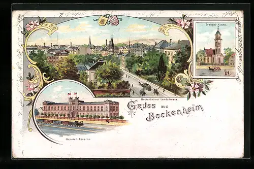 Lithographie Bockenheim, Husaren-Kaserne, Evangel.-Kirche, Ortsansicht