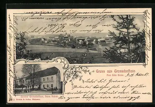 AK Grossdorfhain, Gasthof v. Herm. Richter, Ortsansicht