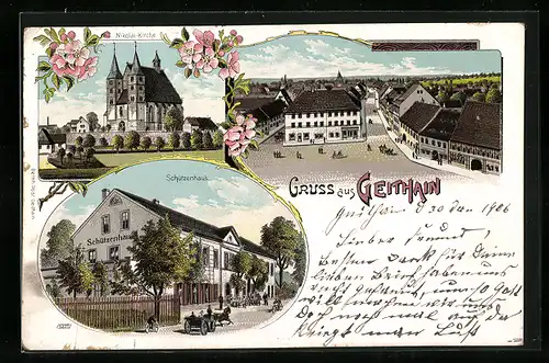 Lithographie Geithain, Schützenhaus, Nikolai-Kirche, Ortsansicht