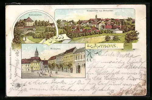 Lithographie Mutzschen, Marktplatz mit Gasthof, Totalansicht, Schlossgarten