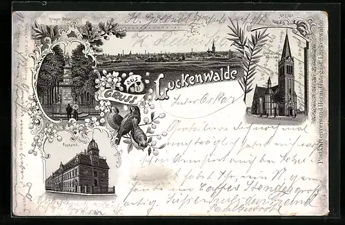 Lithographie Luckenwalde, Kriegerdenkmal, Postamt, St. Jacobi-Kirche