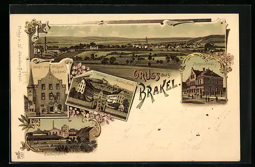 Lithographie Brakel, Markt mit Krieger Denkmal, Zuckerfabrik, Institut Brede, Postgebäude, Ortsansicht