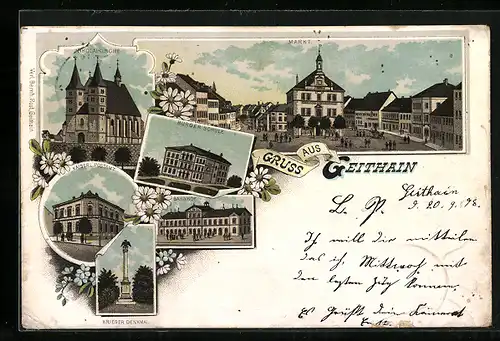 Lithographie Geithain, Bahnhof, Nikolaikirche, Kaiserl. Postamt, Kriegerdenkmal