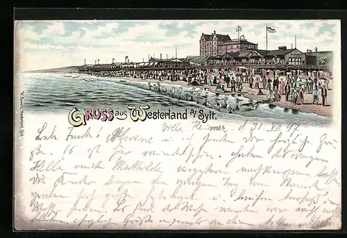 Lithographie Westerland a. Sylt, Strand mit Strandkörben