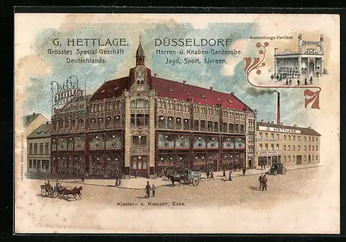 Lithographie Düsseldorf, G. Hettlage Herren- u. Knaben-Garderobe, Ecke Kloster- u. Kreuzstrasse