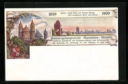 Künstler-AK Worms, 50 jährige Jubelfeier des Männergesangvereins Harmonie 1909, Kirche und Stadtansicht