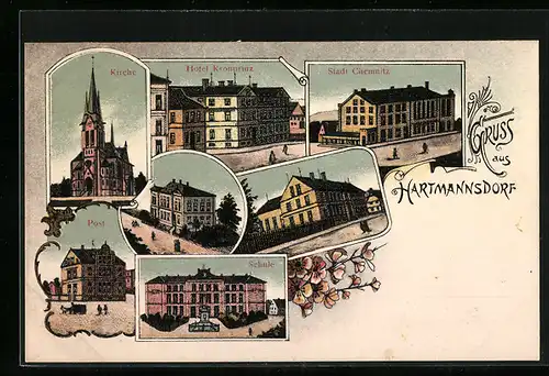 Lithographie Hartmannsdorf, Hotel Kronprinz, Stadt Chemnitz, Kirche, Post