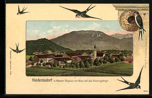 Lithographie Niederaudorf, Ortsansicht mit Kloster Reisach mit Kaisergebirge, Fliegende Schwalben und Schwalbe am Nest