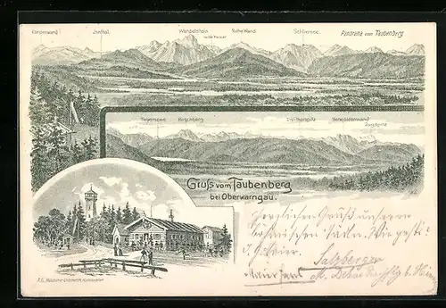 Lithographie Oberwarngau, Restaurant und Aussichtsturm auf dem Taubenberg, Panorama