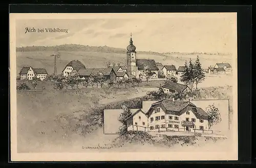 Künstler-AK sign. Hans Pernat: Aich bei Vilsbiburg, Geschäft, Ortspartie mit Kirche