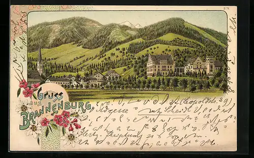 Lithographie Brannenburg, Blick zum Ort