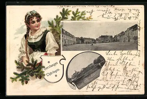 AK Gerstungen /Thüringen, Ortspartie, Brücke, Mädchen in Tracht