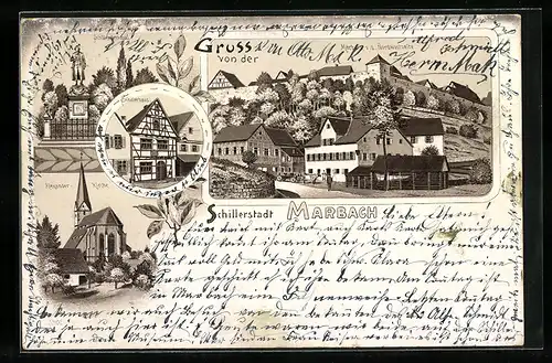 Lithographie Marbach, Schillerhaus, Alexanderkirche, Schillerdenkmal