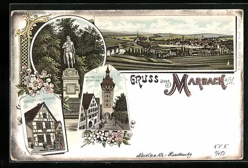 Lithographie Marbach a. N., Gasthof zur Post & Torturm, Schiller`s Geburtshaus, Schiller-Denkmal