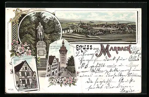 Lithographie Marbach, Gasthof z. Post u. Torturm, Schiller-Denkmal, Panorama