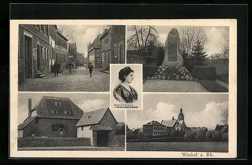 AK Winkel a. Rh., Dichterin v. Günderode, Ortsansicht, Kolonialwarenhandlung Derstroff