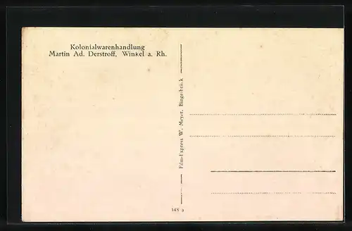 AK Winkel a. Rh., Dichterin v. Günderode, Ortsansicht, Kolonialwarenhandlung Derstroff