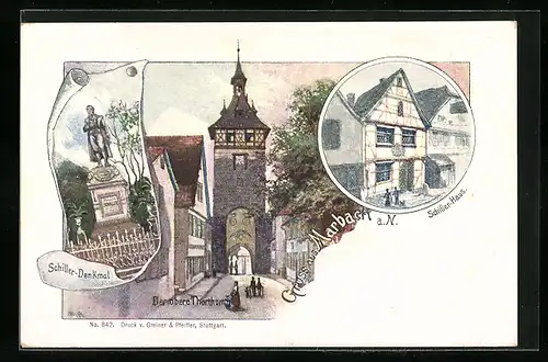 Künstler-AK Marbach a.N., Schiller-Denkmal, Schiller-Haus, oberer Torturm