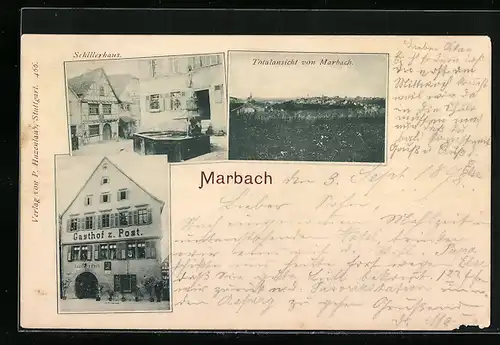 AK Marbach, Gasthof zur Post, Schillerhaus, Totalansicht