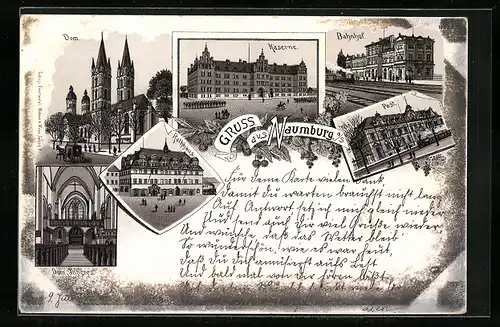 Lithographie Naumburg a. S., Dom, Kaserne, Bahnhof, Post