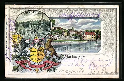 Passepartout-Lithographie Marbach a /N., Elektrizitätswerke, Uferpartie mit Kirche, Wappen