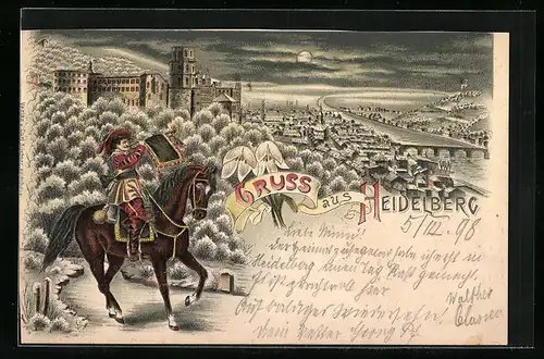 Winter-Lithographie Heidelberg, Gesamtansicht mit Trompeter