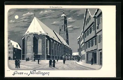 Winter-Lithographie Nördlingen, St. Georgskirche