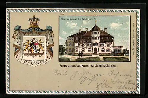 Passepartout-Lithographie Kirchheimbolanden, Städt. Kurhaus auf dem Schillerhain, Wappen