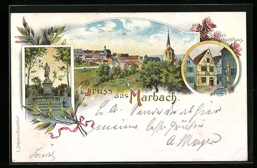 Lithographie Marbach, Schiller`s Geburtshaus, Denkmal, Panorama