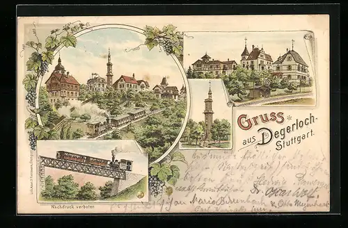 Lithographie Degerloch-Stuttgart, Bergbahn, Teilansicht mit Bergbahn, Turm