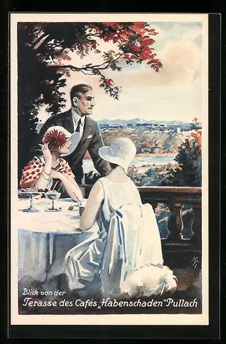 AK Pullach, Besucher auf der Terrasse des Cafés Habenschaden, Art Deco