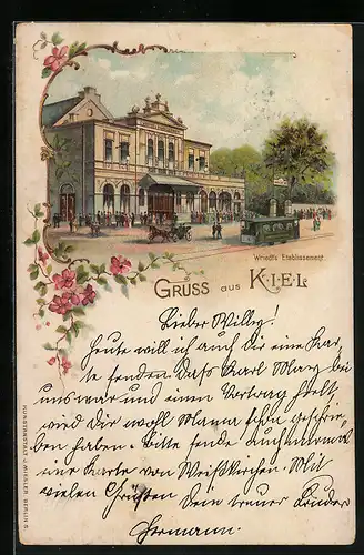 Lithographie Kiel, Wriedt`s Etablissement, Strassenbahn vor der Gastwirtschaft