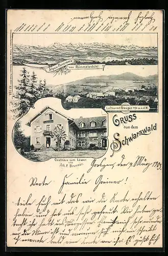 Lithographie Gresgen, Gasthaus zum Löwen v. Joh. F. Brunner, Alpen-Panorama vom Rümmelesbühl