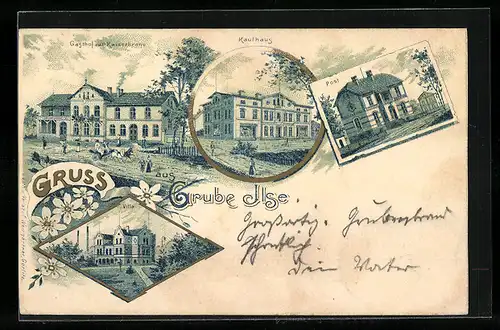 Lithographie Grube-Ilse, Gasthof zur Kaiserkrone, Kaufhaus und Post