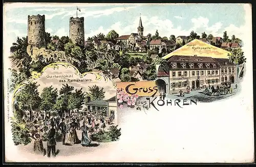 Lithographie Kohren, Gartenlokal des Rathskellers, Hotel Rathskeller, Burg