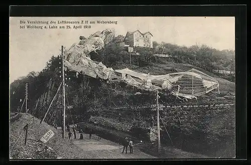 AK Weilburg a. Lahn, Vernichtung des Zeppelins Z II am Webersberg am 25.4.1910