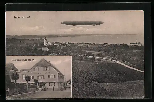 AK Immenstaad, Gasthaus zum Adler und Zeppelin über dem Ort