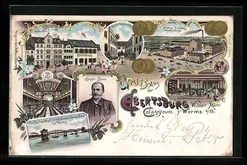 Lithographie Worms a. Rhein, Ebertsburg mit Hotel Wilden Mann und Colosseum, Wormser Brauhaus