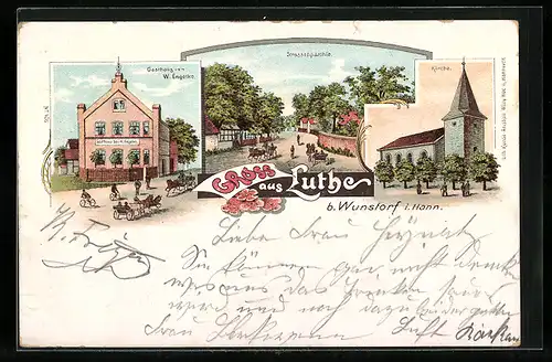 Lithographie Luthe, Gasthaus von W. Engelke, Kirche, Strassenpartie