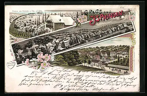 Lithographie Ispringen, Einzug der Russen im Dez. 1813, Bahnhofstadt, Panorama