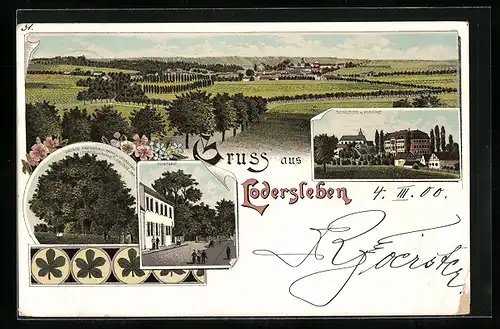 Lithographie Lodersleben, Postamt, Grosser Kastanienpark und Ortspanorama